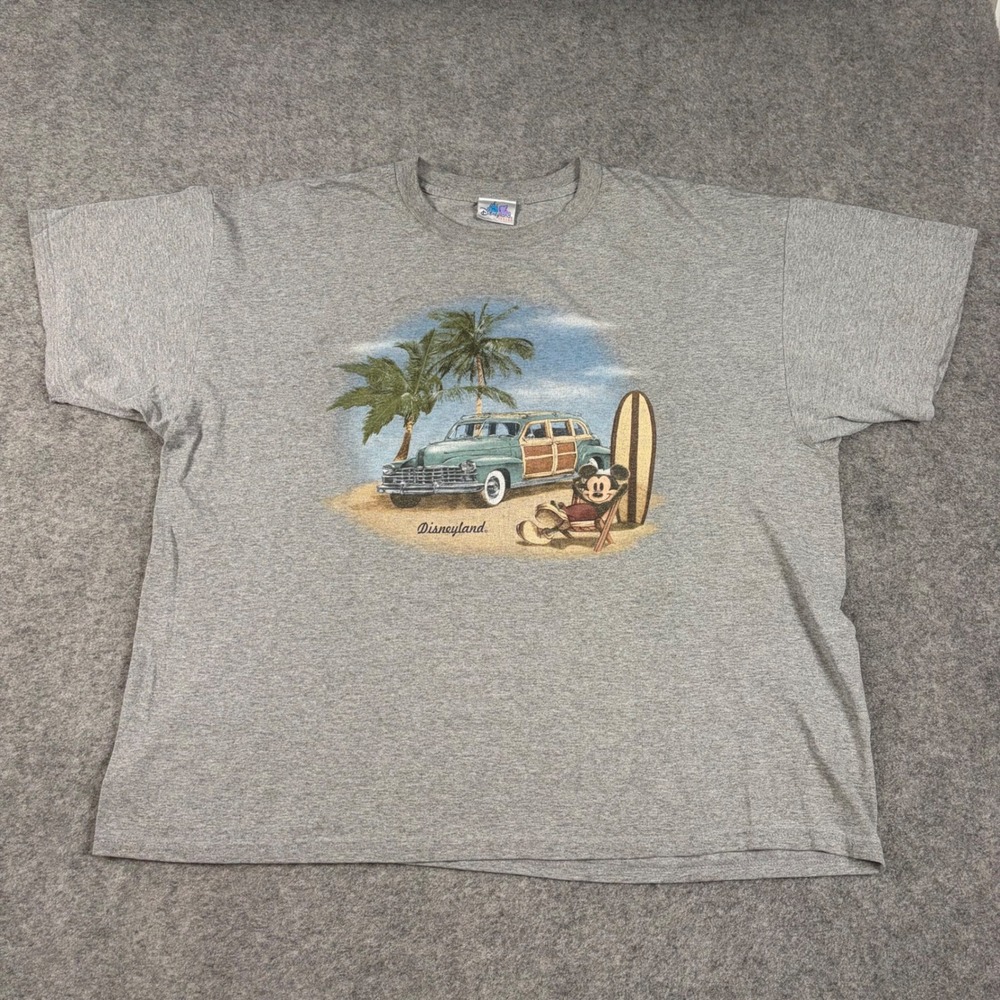 Disney Mickey Mouse T-Shirt Mens 2XL Gray Disneyland Beach Surf Woody Car‎
